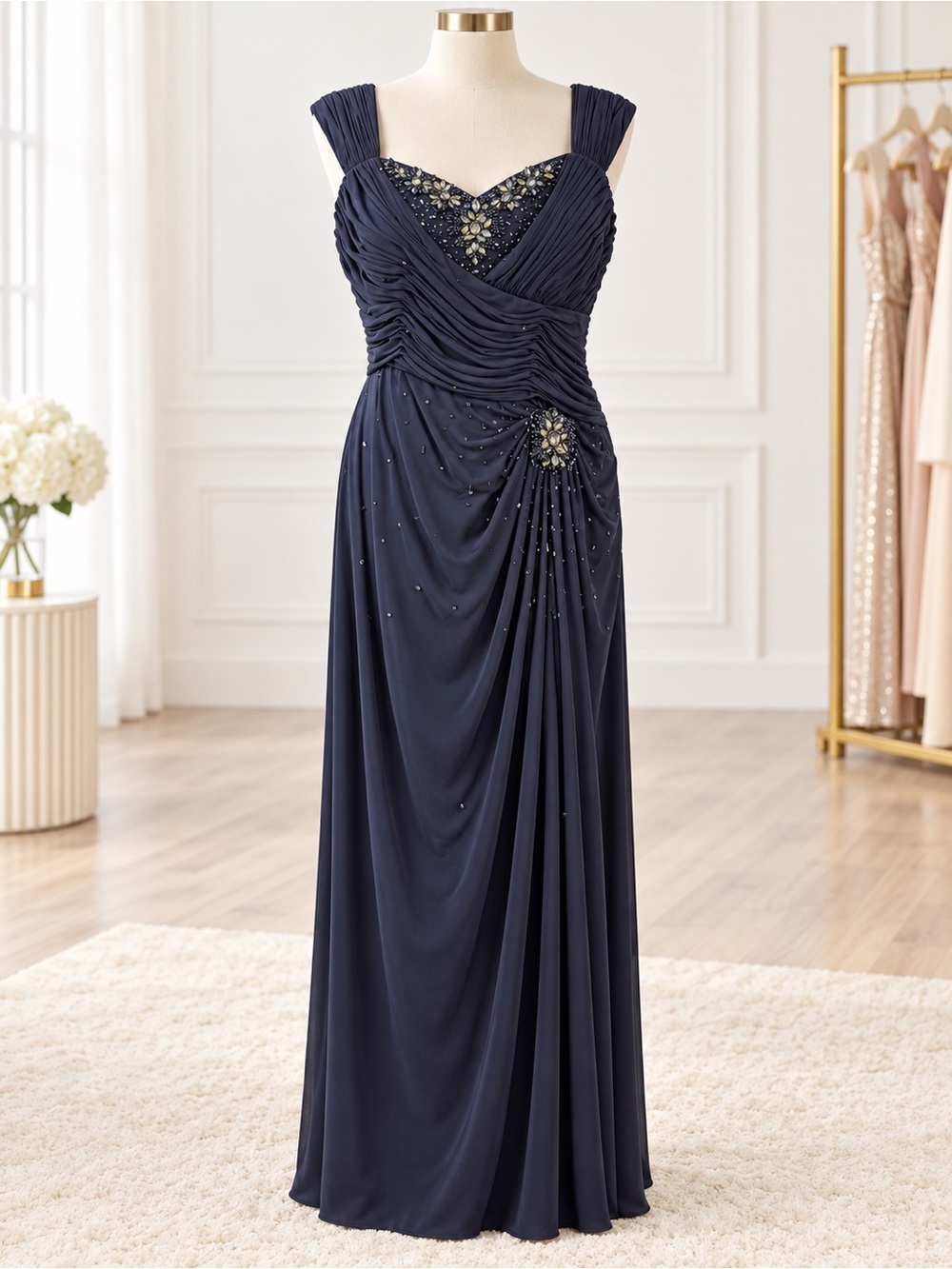 Xscape by Joanna Chen Navy Beaded Ruched Formal Evening Gown 22W